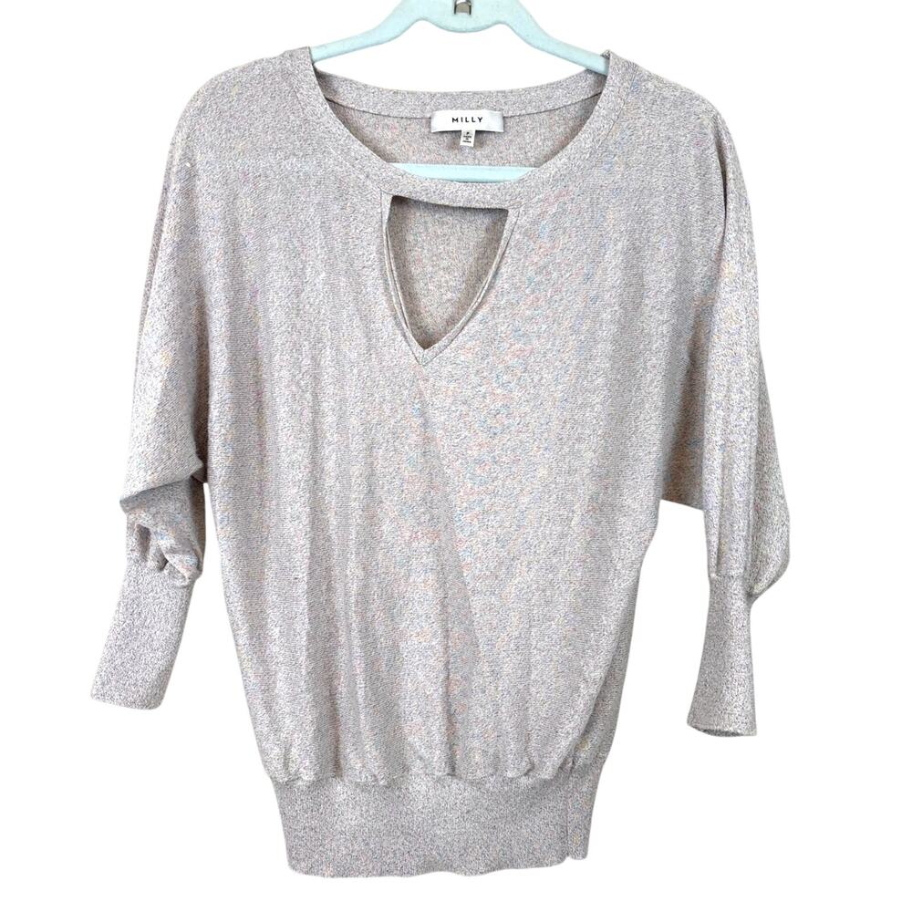Milly Womens S Gray Speckled Viscose Knit Keyhole Sweater Lightweight Luxe